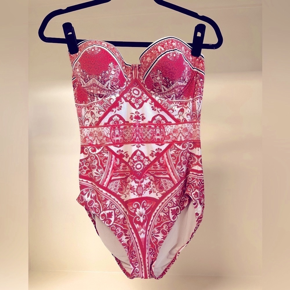 Vintage GOTTEX Moroccan Red Porcelain Print Strapless One Piece | 12